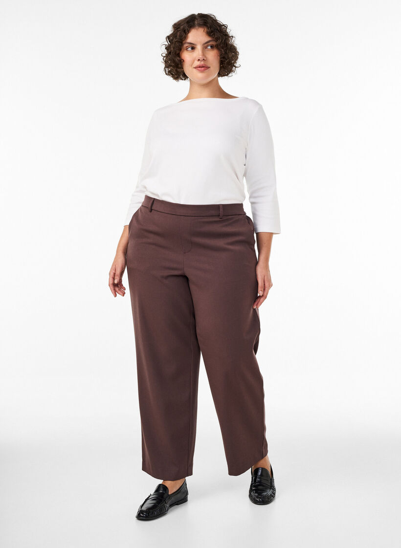 Hoogtailleerde pantalon met rechte pasvorm, Bruin, Model image number 0