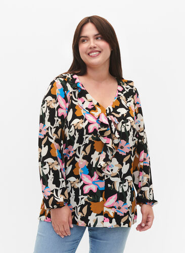 Bedrukte blouse met ruches, Black Multi Flower, Model image number 0