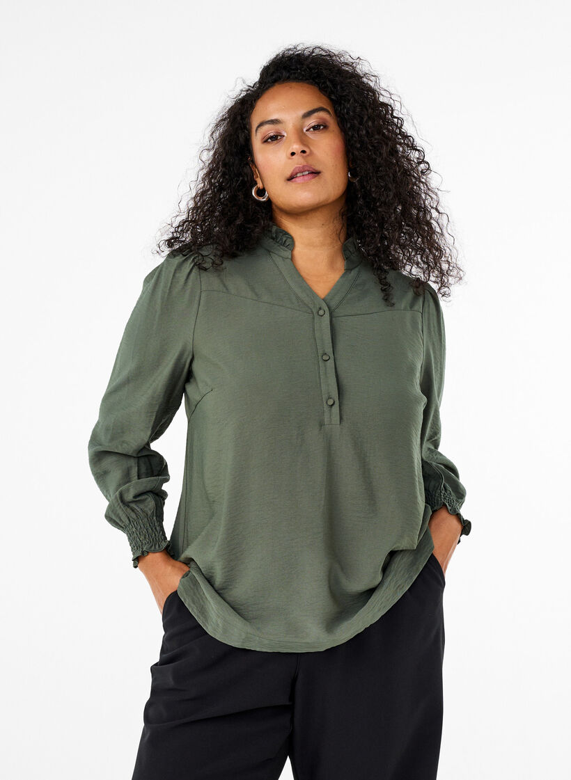 Blouse met rucheskraag, Groen, Model image number 0