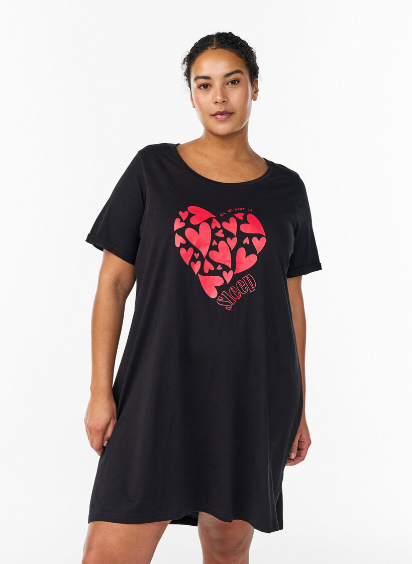 Chemise de nuit &agrave; manches courtes en coton biologique, Noir, Model image number 0