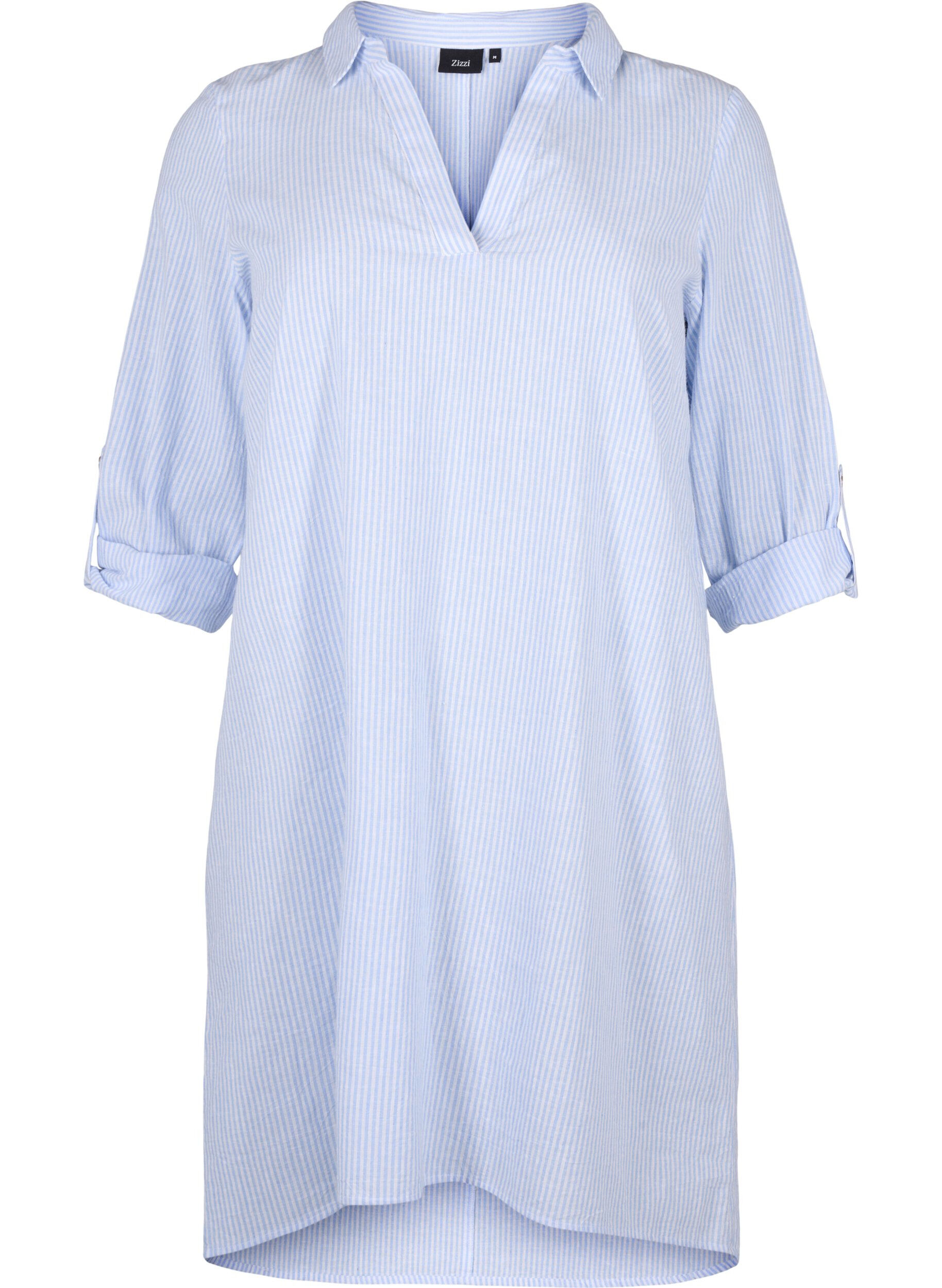 Zizzi Robe ray&eacute;e en coton et lin, Serenity Wh. Stripe, Packshot image number 0