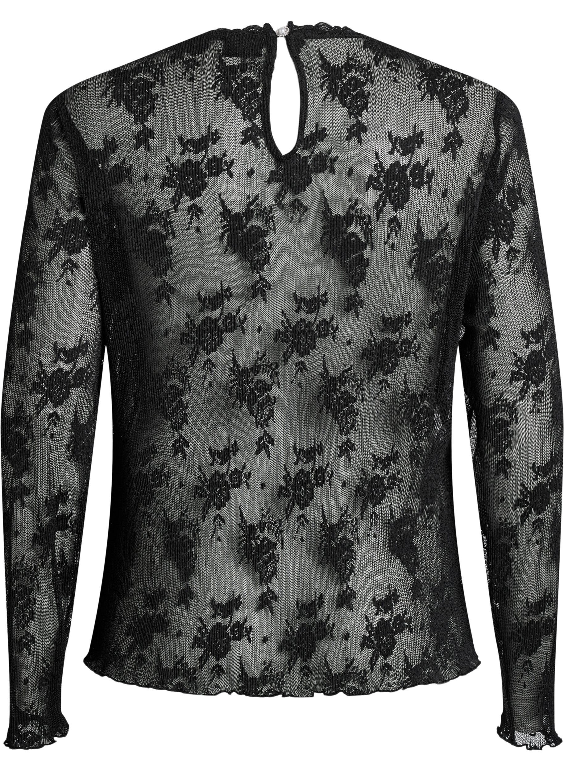 ZizziMesh blouse met lange mouwen met kantpatroon, Zwart, Packshot image number 1