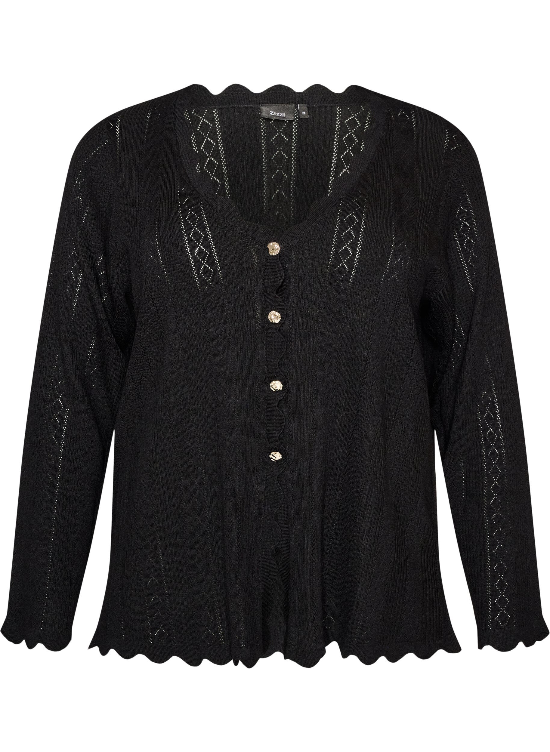 ZizziCardigan with eyelet embroidery and wavy edges, Black, Packshot image number 0