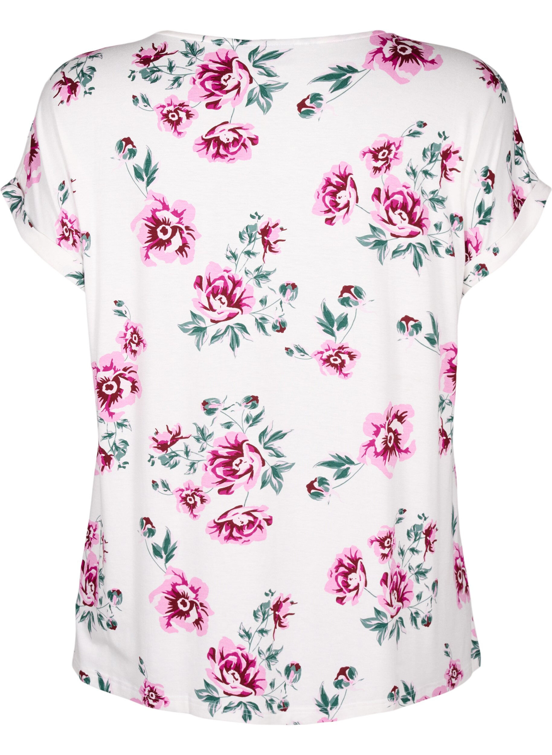 ZizziViscose blouse met korte mouwen en bloemen, White Pink AOP, Packshot image number 1
