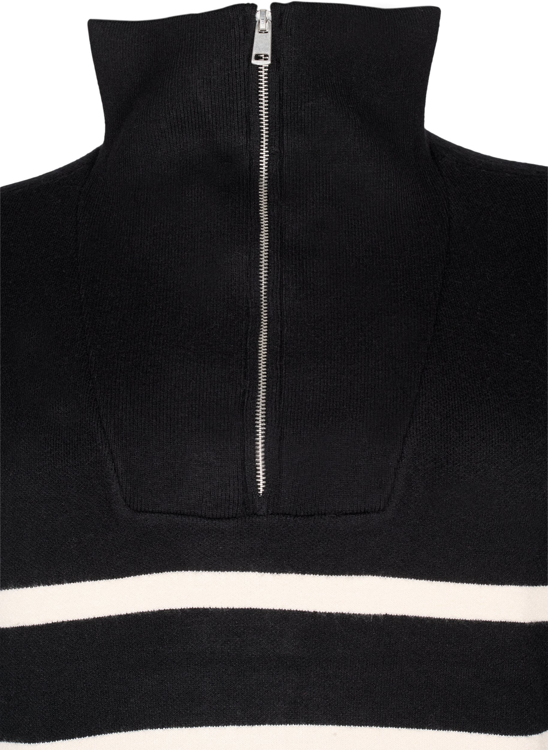 Zizzi Robe en tricot ray&eacute;e avec col montant et fermeture &eacute;clair, Black w. Birch, Packshot image number 2