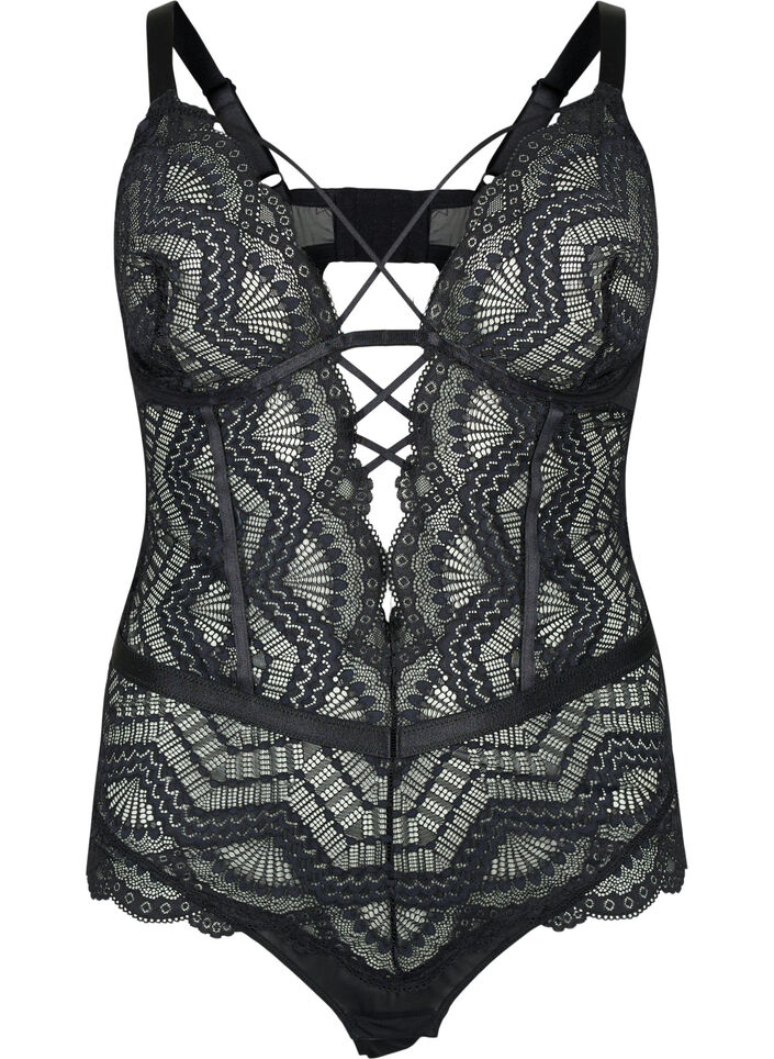 Kanten bodystocking met touwtjes, Zwart, Packshot image number 0