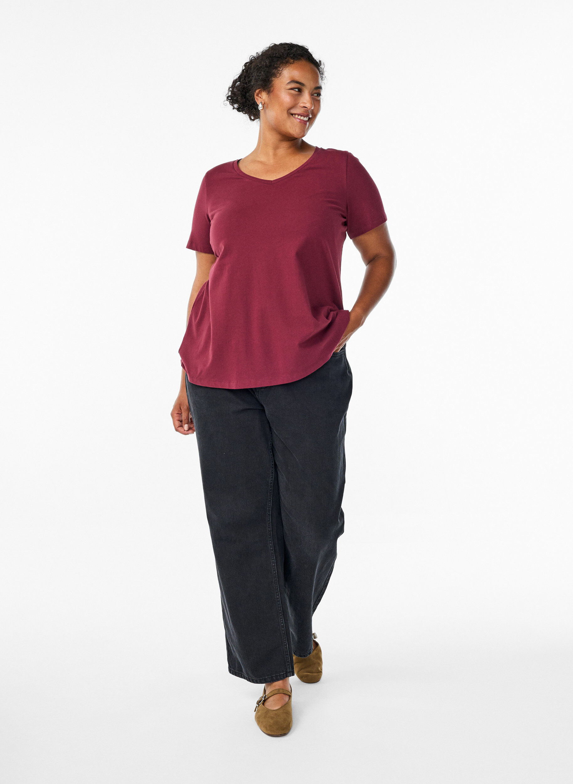 ZizziBasic effen katoenen t-shirt, Donker Bordeaux, Model image number 1