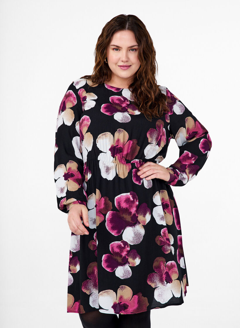 Viscose jurk met print en lange mouwen, Zwart, Model image number 0
