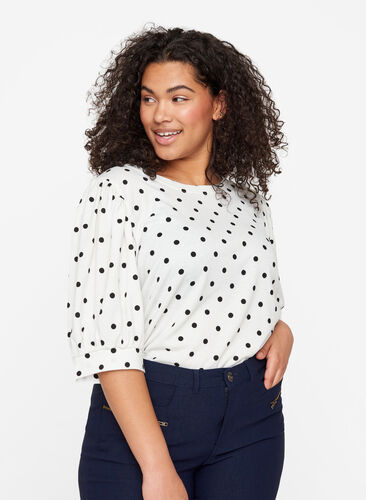 T-shirt à pois avec manches bouffantes, White w. Black Dots, Model image number 0
