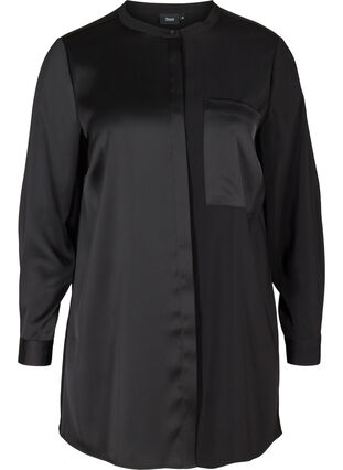 Lange blouse in effen kleur met borstzak, Black, Packshot image number 0