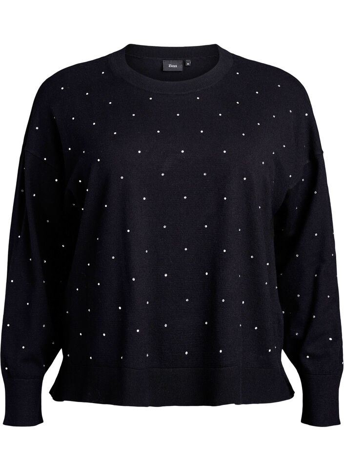 Blouse en maille lâche avec strass, Noir, Packshot image number 0