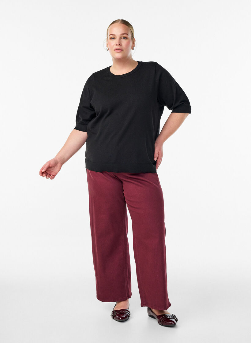 Blouse en fine maille &agrave; manches courtes, Noir, Model image number 1