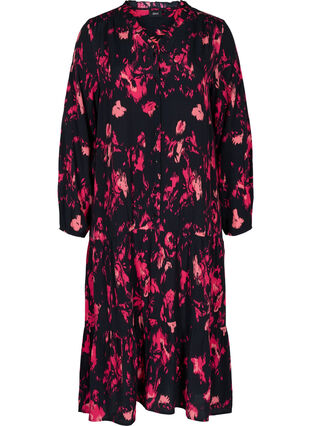 Viscose midi-jurk met lange mouwen, Black Pink AOP, Packshot image number 0