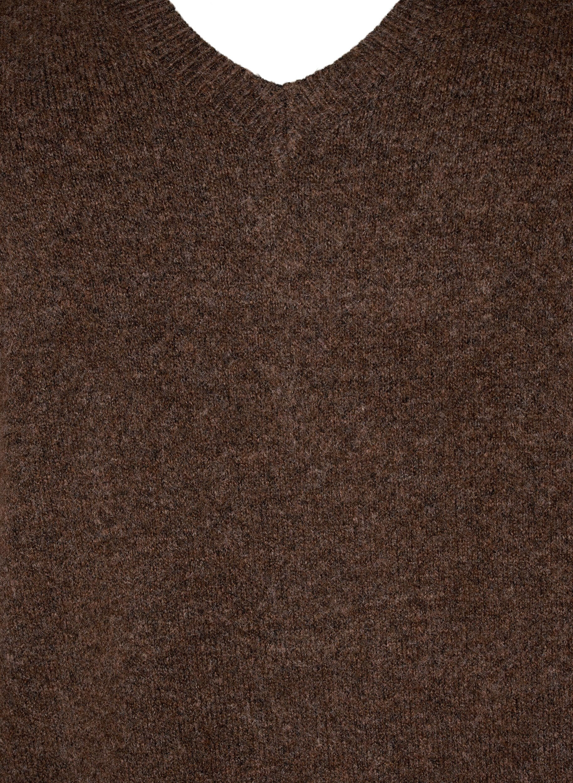 ZizziGebreide jurk met lange mouwen en V-hals, Bruin, Packshot image number 2