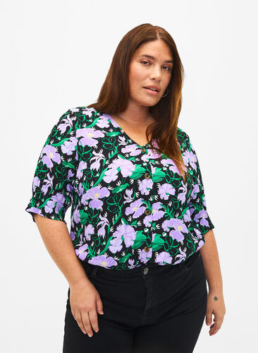 Viscose blouse met knopen, Black Small Flower, Model image number 0