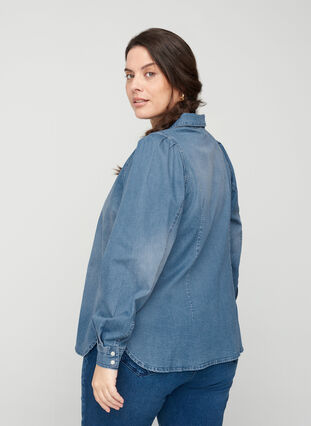 Denim blouse met pofmouwen, Blue denim, Model image number 1