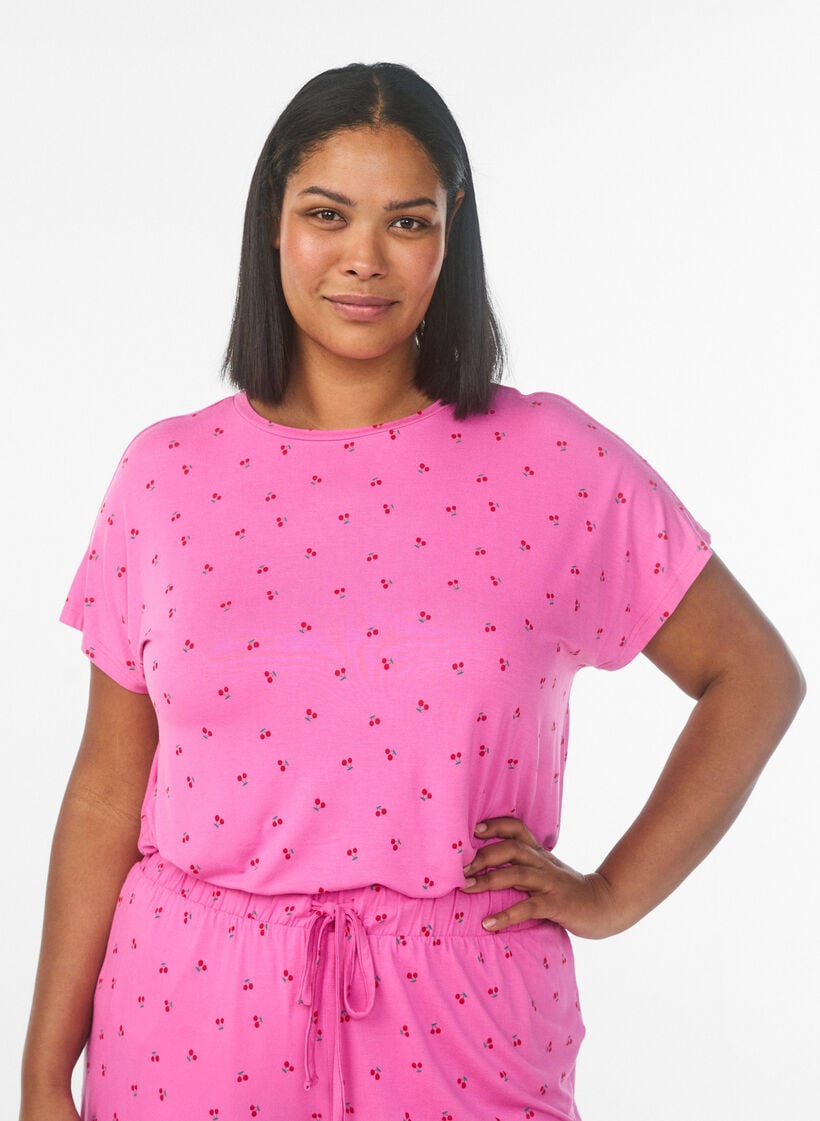 Pyjamashorts in viscose jersey met een all-over print, Roze, Model image number 0