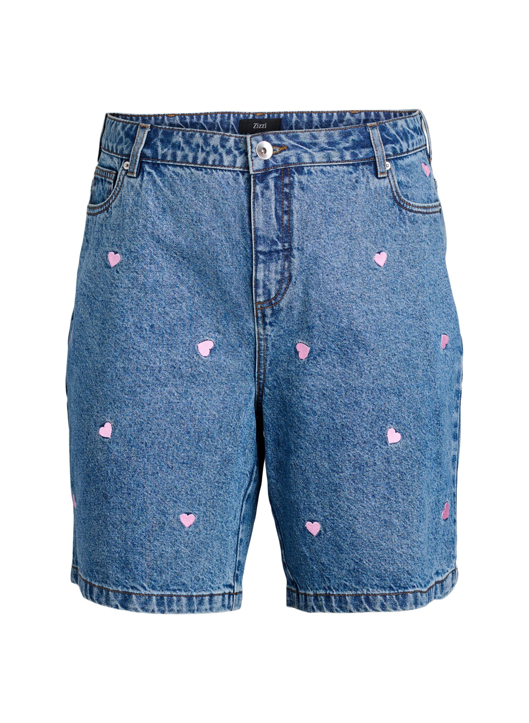 Shorts en jean taille haute orn&eacute;s de c&oelig;urs brod&eacute;s