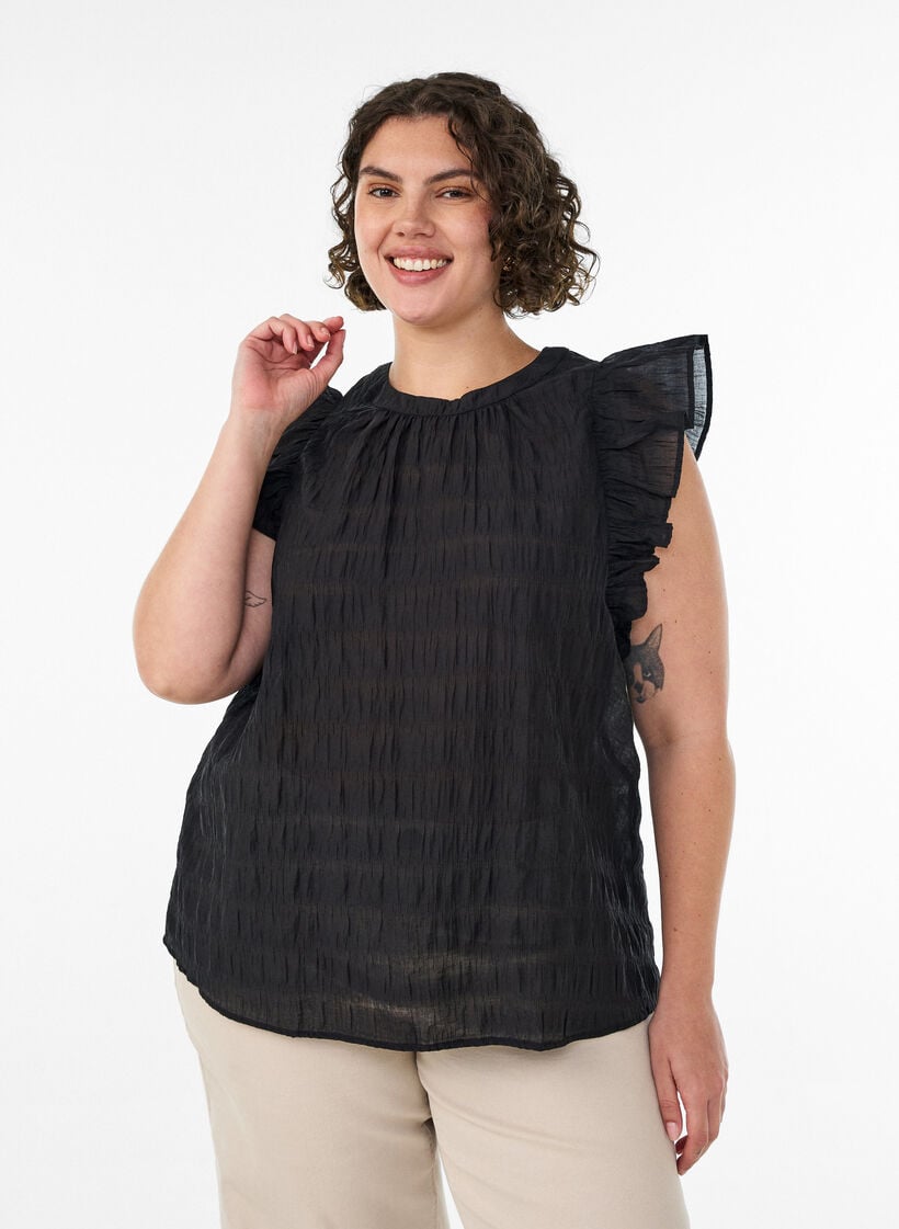 Blouse sans manches textur&eacute;e avec volants, Noir, Model image number 0