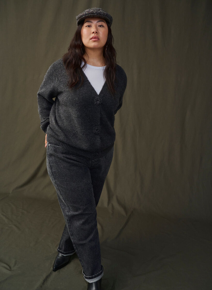 Kort gebreid vest met bloemknopen, Dark Grey Melange, Image image number 1