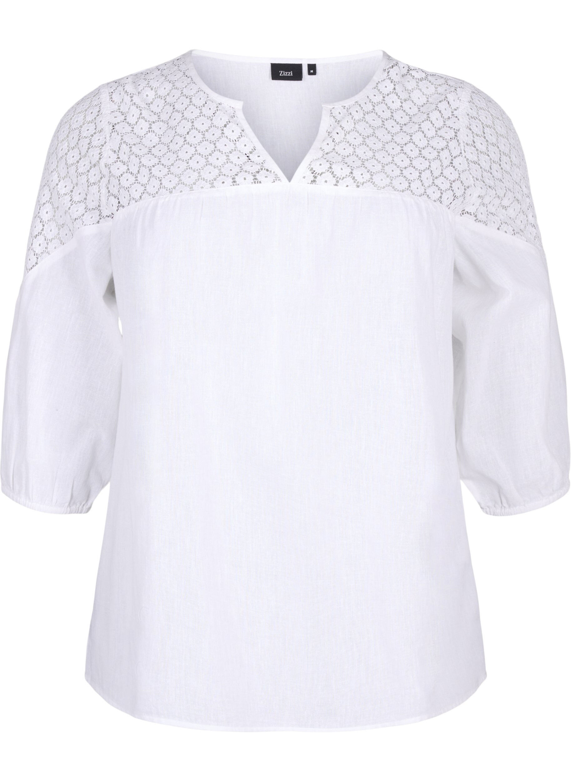 Zizzi Chemisier en m&eacute;lange de coton et de lin orn&eacute; de d&eacute;tails en crochet., Bright White, Packshot image number 0