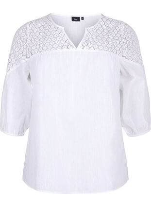 Chemisier en mélange de coton et de lin orné de détails en crochet., Bright White, Packshot image number 0