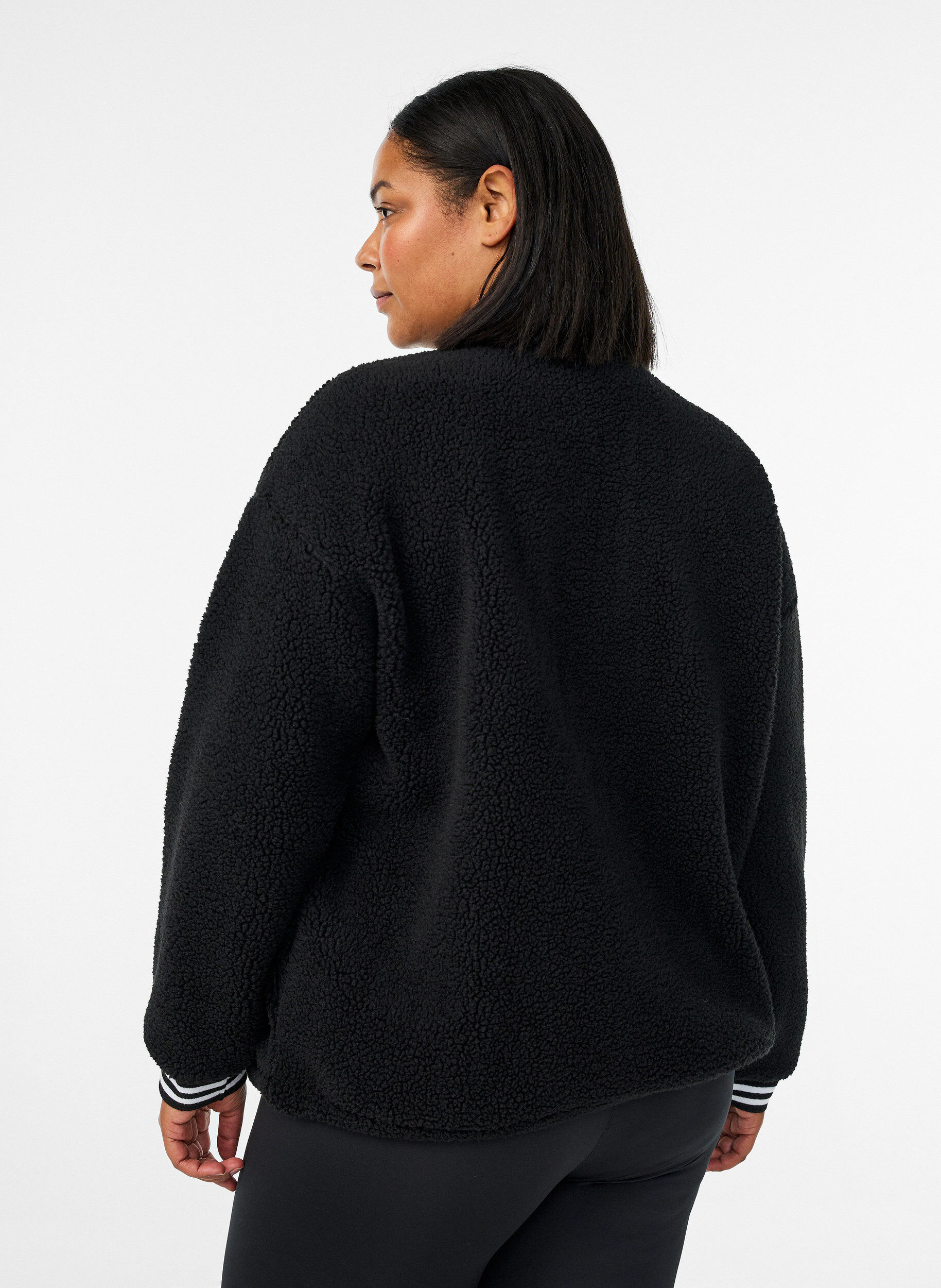 ZizziTeddyfleece jas met strependetails, Zwart, Model image number 2