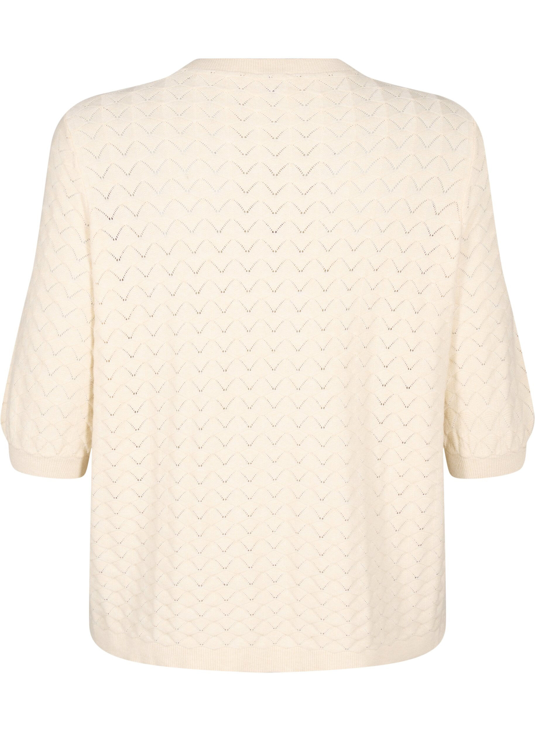 ZizziGebreide blouse met opengewerkt patroon en korte mouwen, Birch Mel., Packshot image number 1
