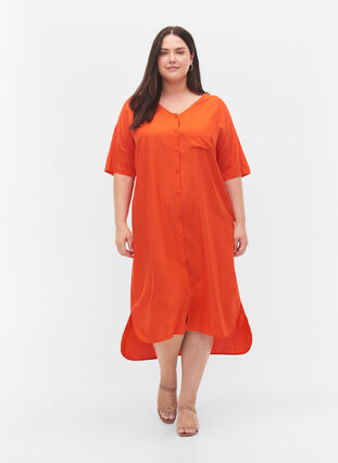 Robe chemise à manches courtes en viscose, Mandarin Red, Model image number 2