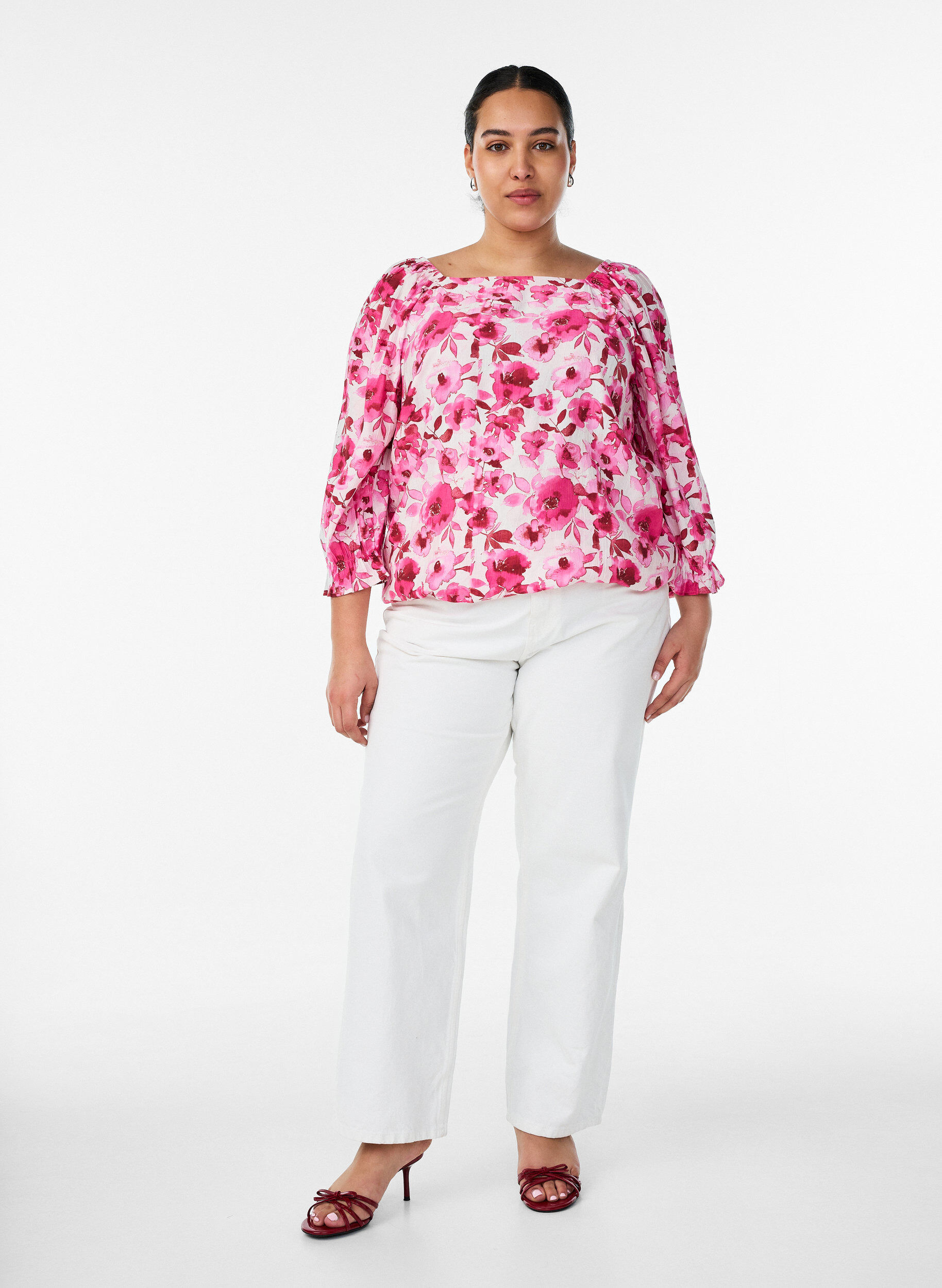 ZizziViscose blouse met een vierkante hals en 3/4-mouwen, Roze, Model image number 1