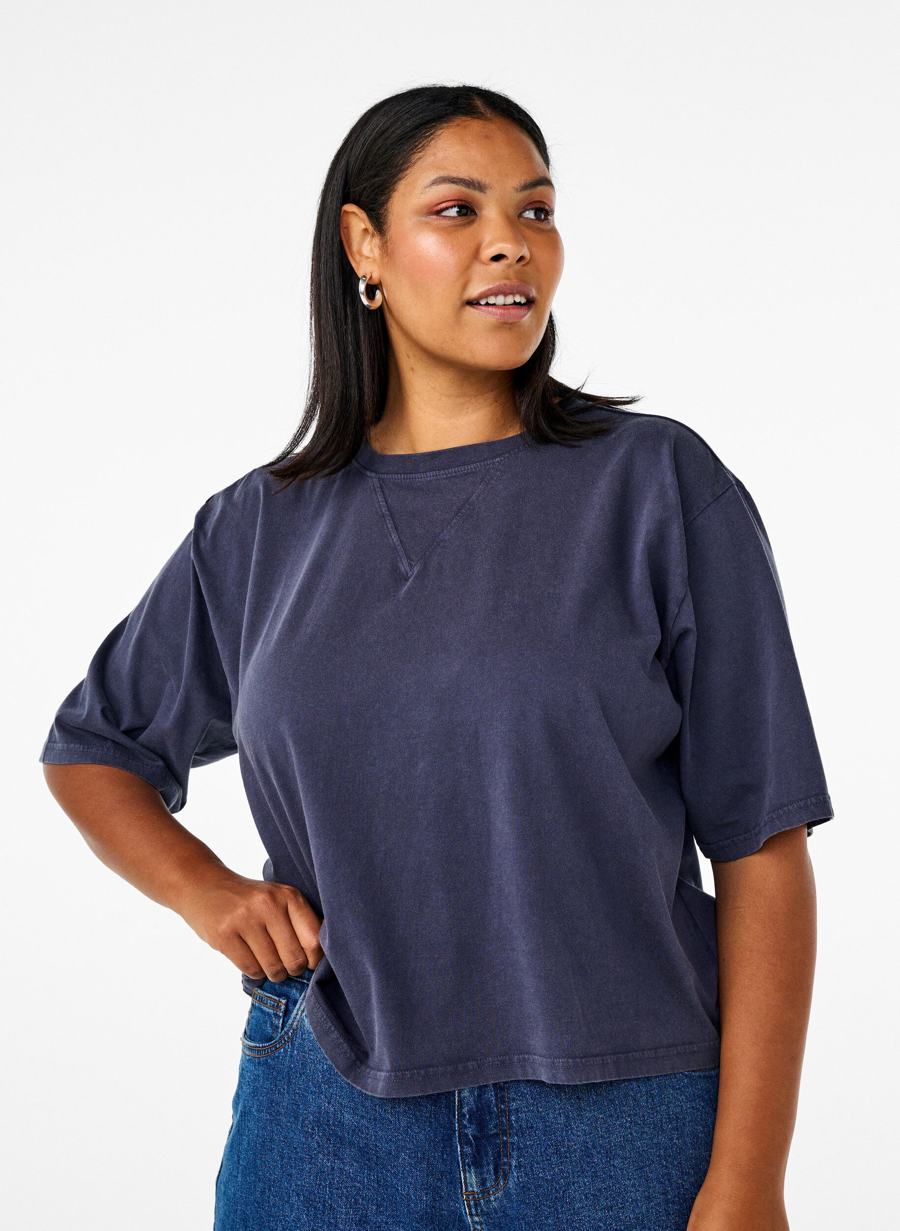 Boxy T-shirt in biologisch katoen, Blauw, Model