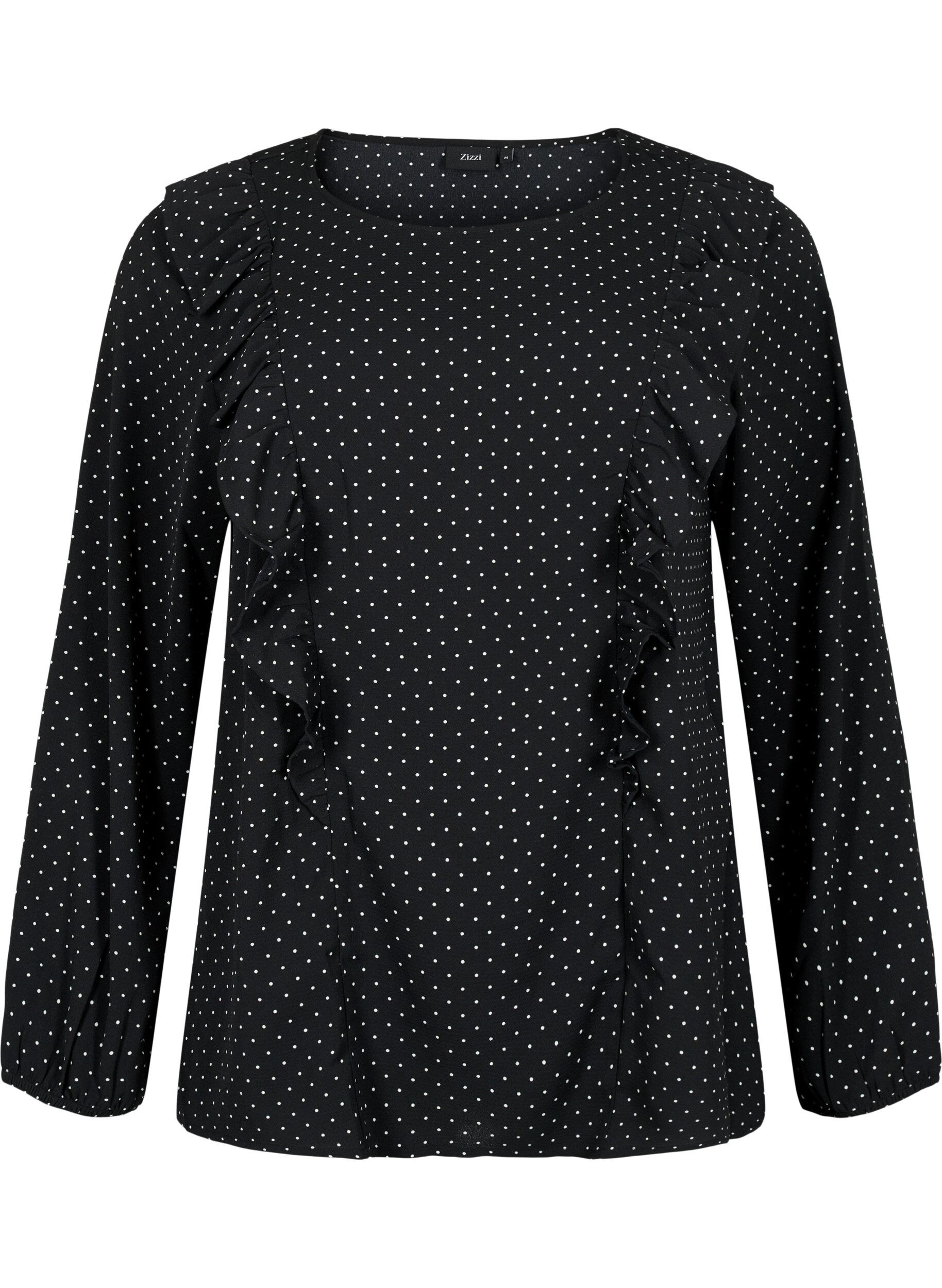 ZizziBlouse met lange mouwen en ruches, Black Dot, Packshot image number 0