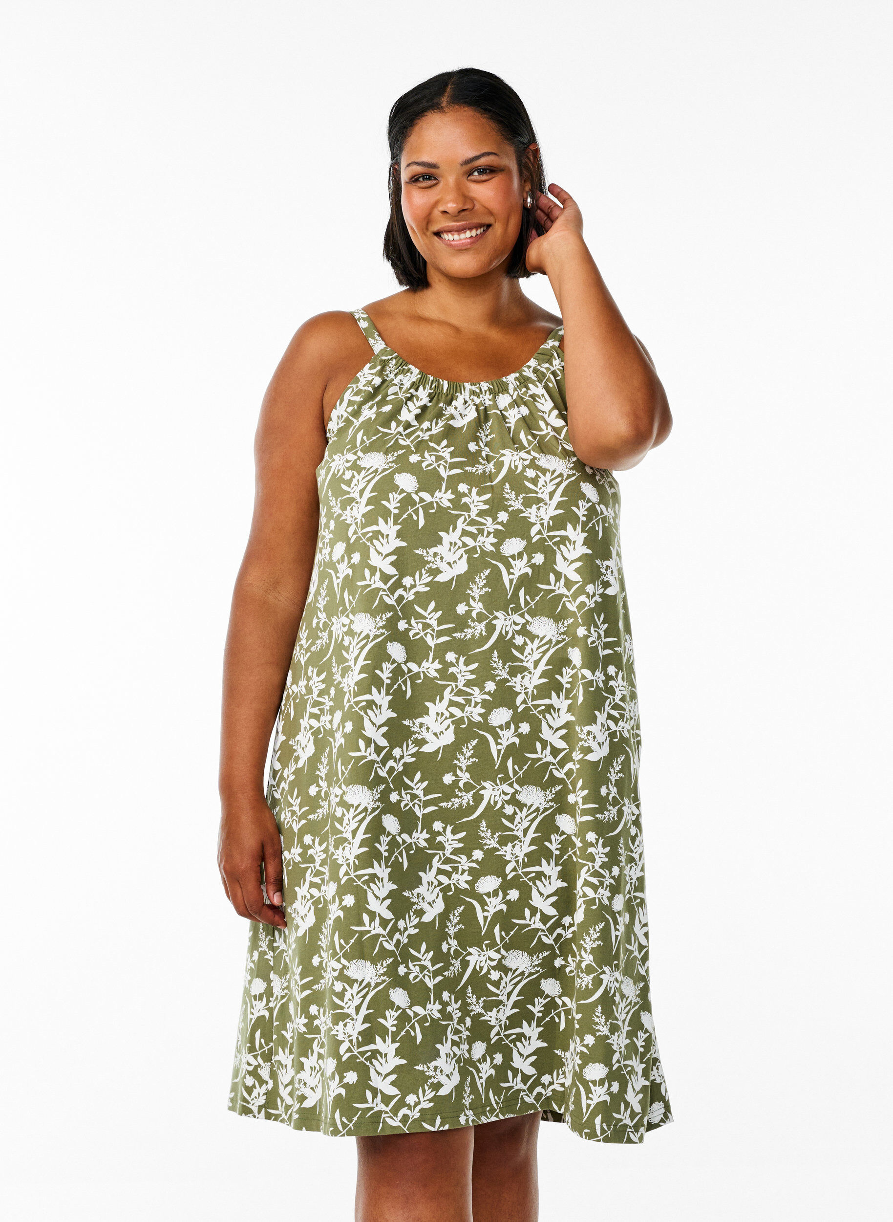 ZizziRobe &agrave; bretelles midi en coton bio, Vert, Model image number 0