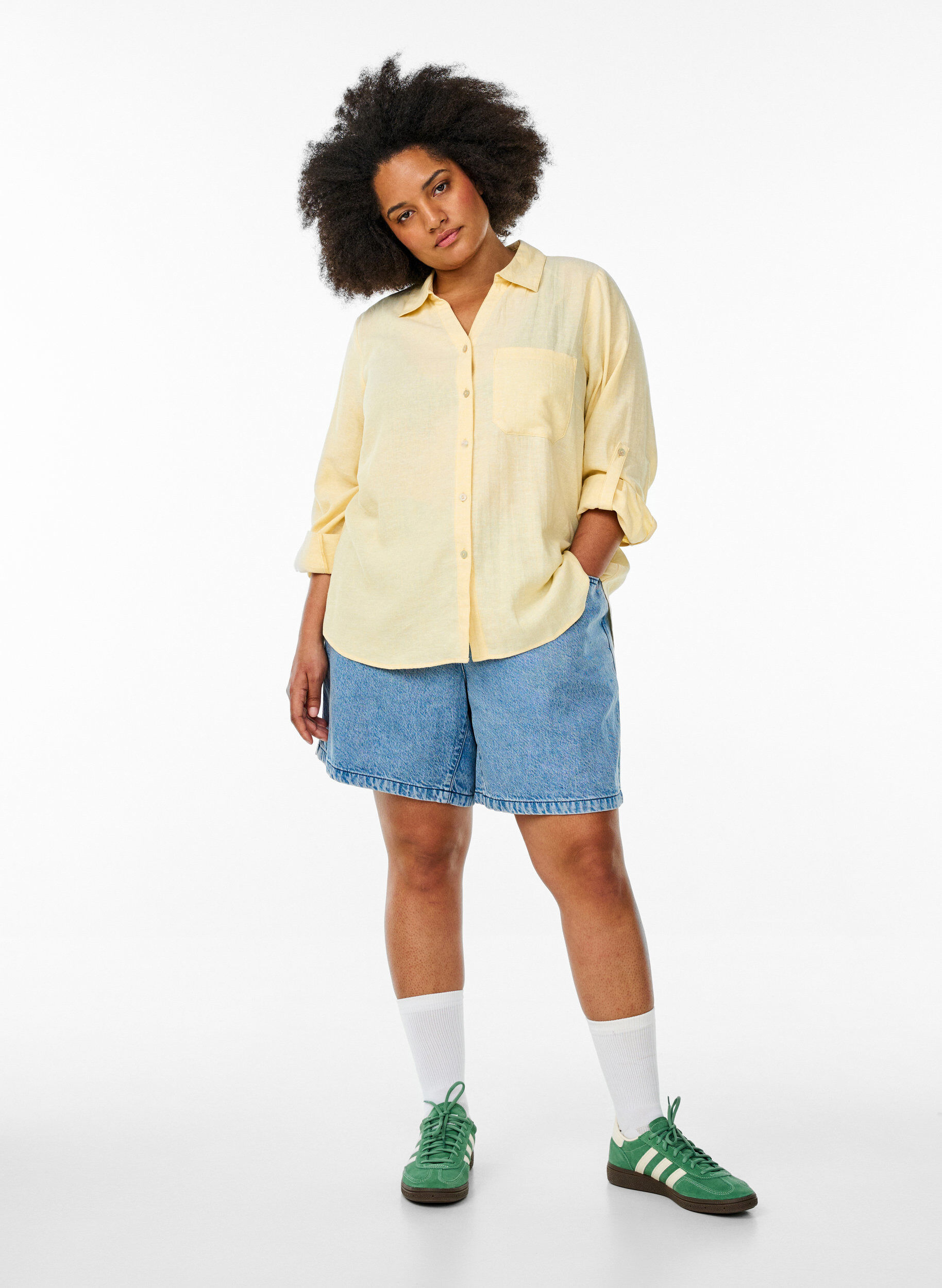 ZizziChemise en lin et viscose avec manches 3/4, Jaune clair, Model image number 1