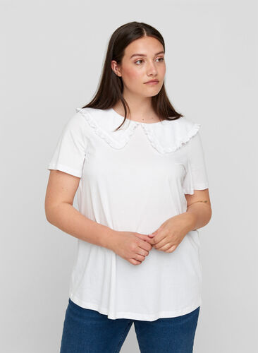 T-shirt en coton à manches courtes avec col, Bright White, Model image number 0