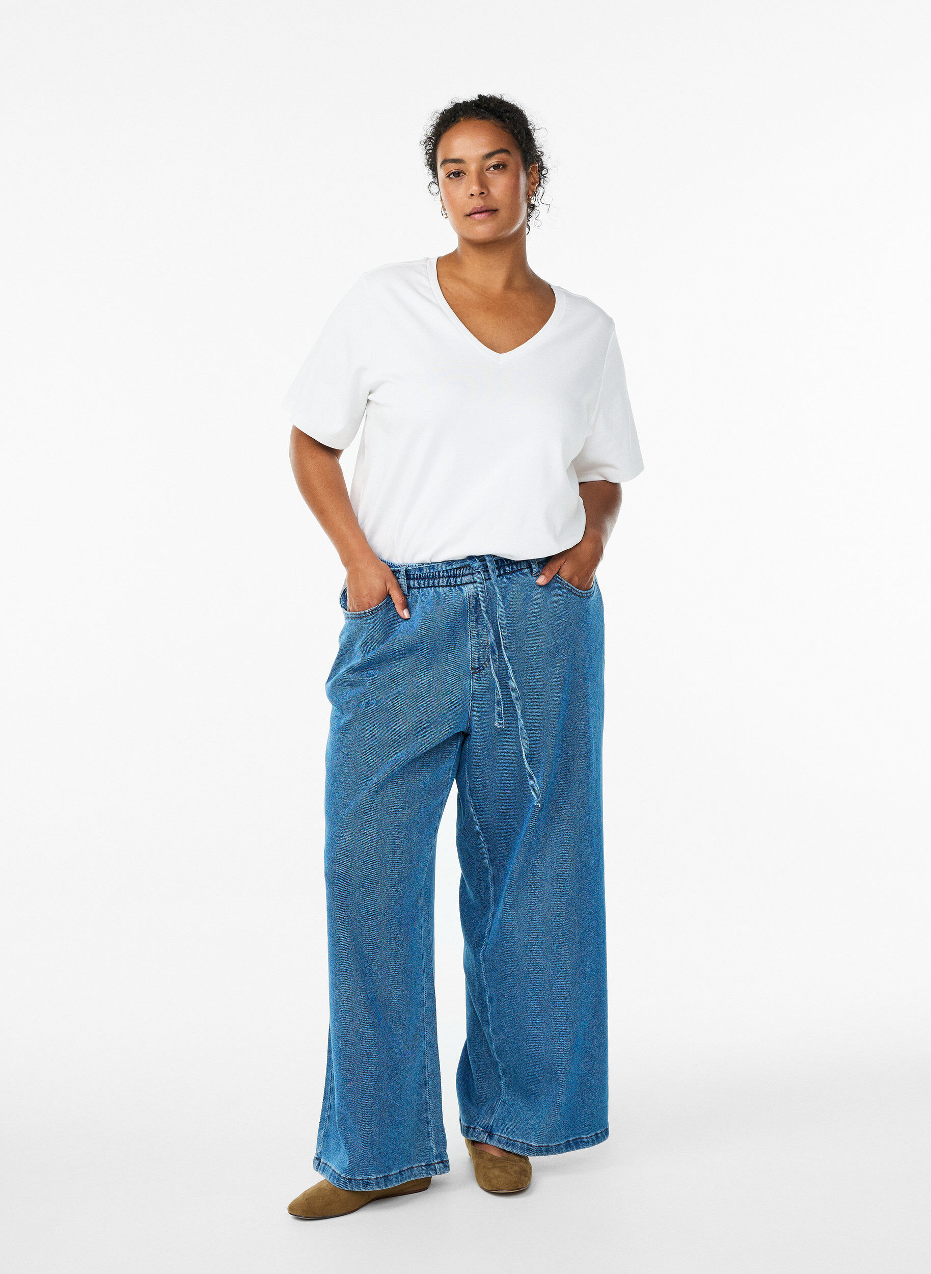 Jean ample &agrave; ceinture &eacute;lastique et cordon de serrage, Bleu, Model