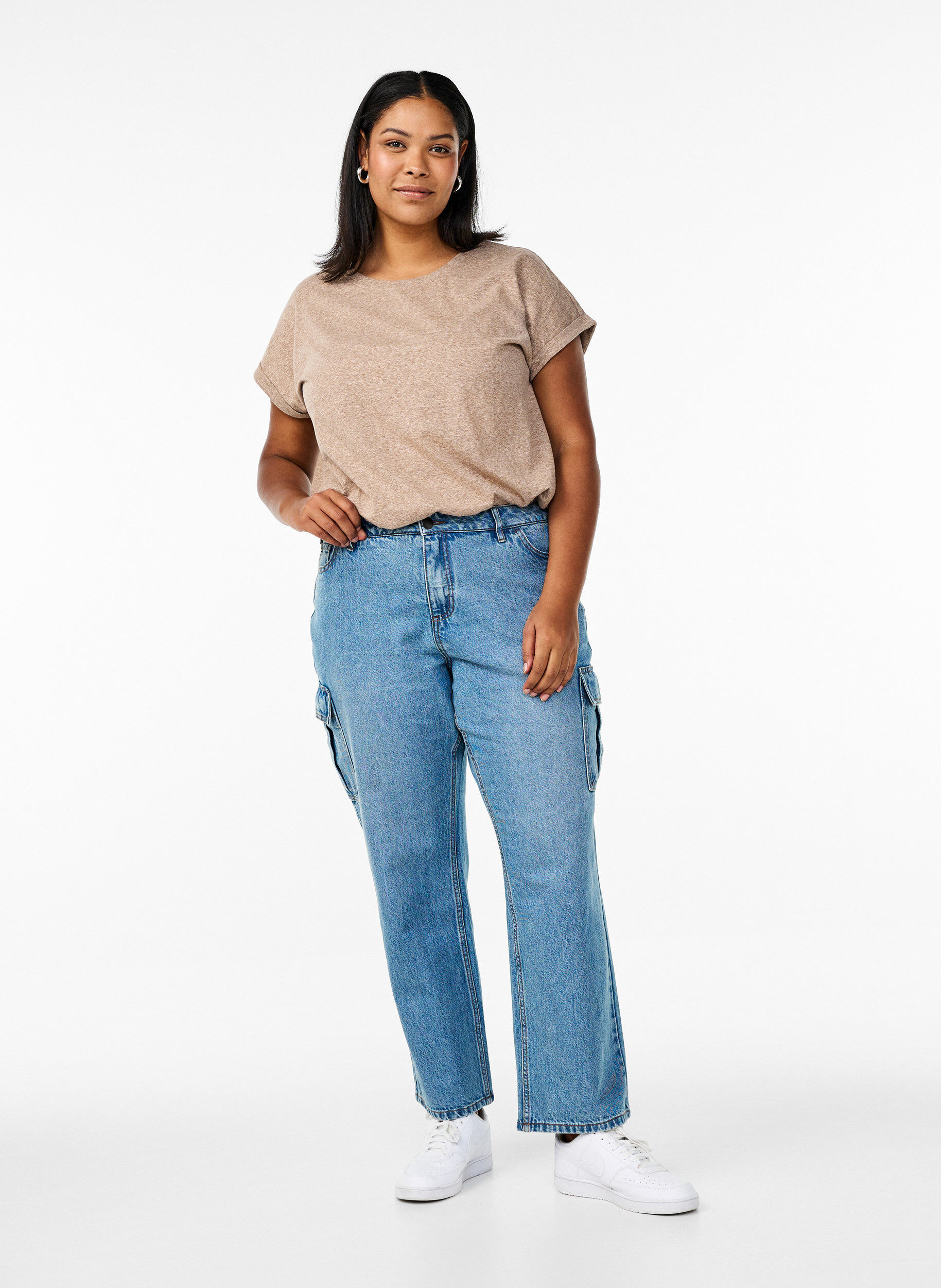 ZizziLosse pasvorm cargo jeans met hoge taille, Light Blue, Model image number 0