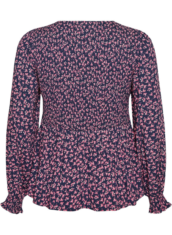 Blouse met gesmokte top en bloemenprint, Blauw, Packshot image number 1