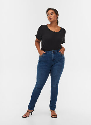 Nille jeans met hoge taille en klinknagels, Medium Blue denim, Model image number 0