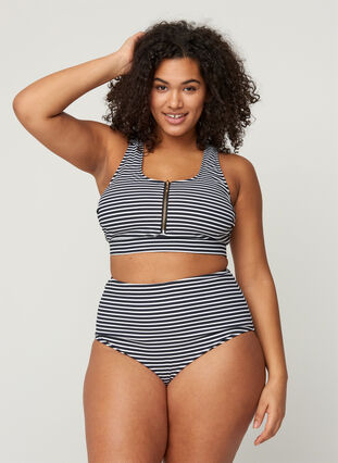 Bas de bikini rayé taille haute, Navy Striped, Model image number 0