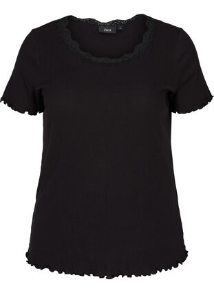 T-shirt côtelé à manches courtes avec bordure en dentelle, Black, Packshot image number 0