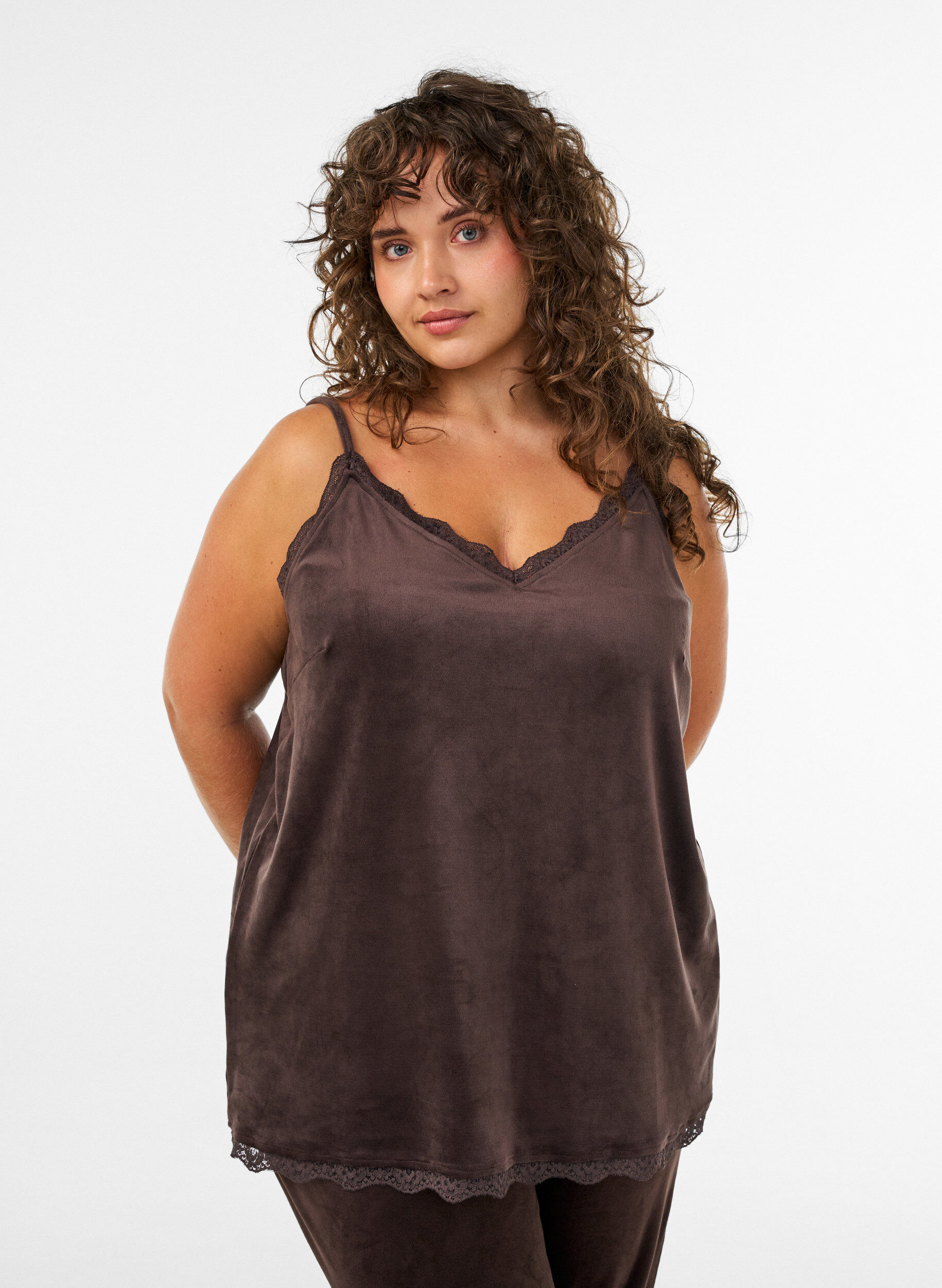 Velour top met kanten rand, Bruin, Model