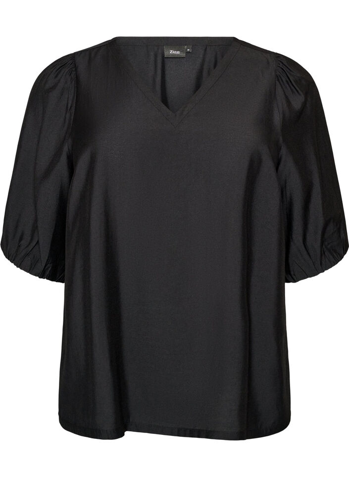 Blouse en viscose avec col en V, Noir, Packshot image number 0