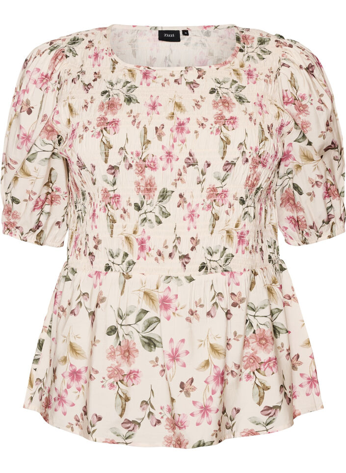 Blouse en viscose avec smocks et effet p&eacute;plum, Vanille, Packshot image number 0