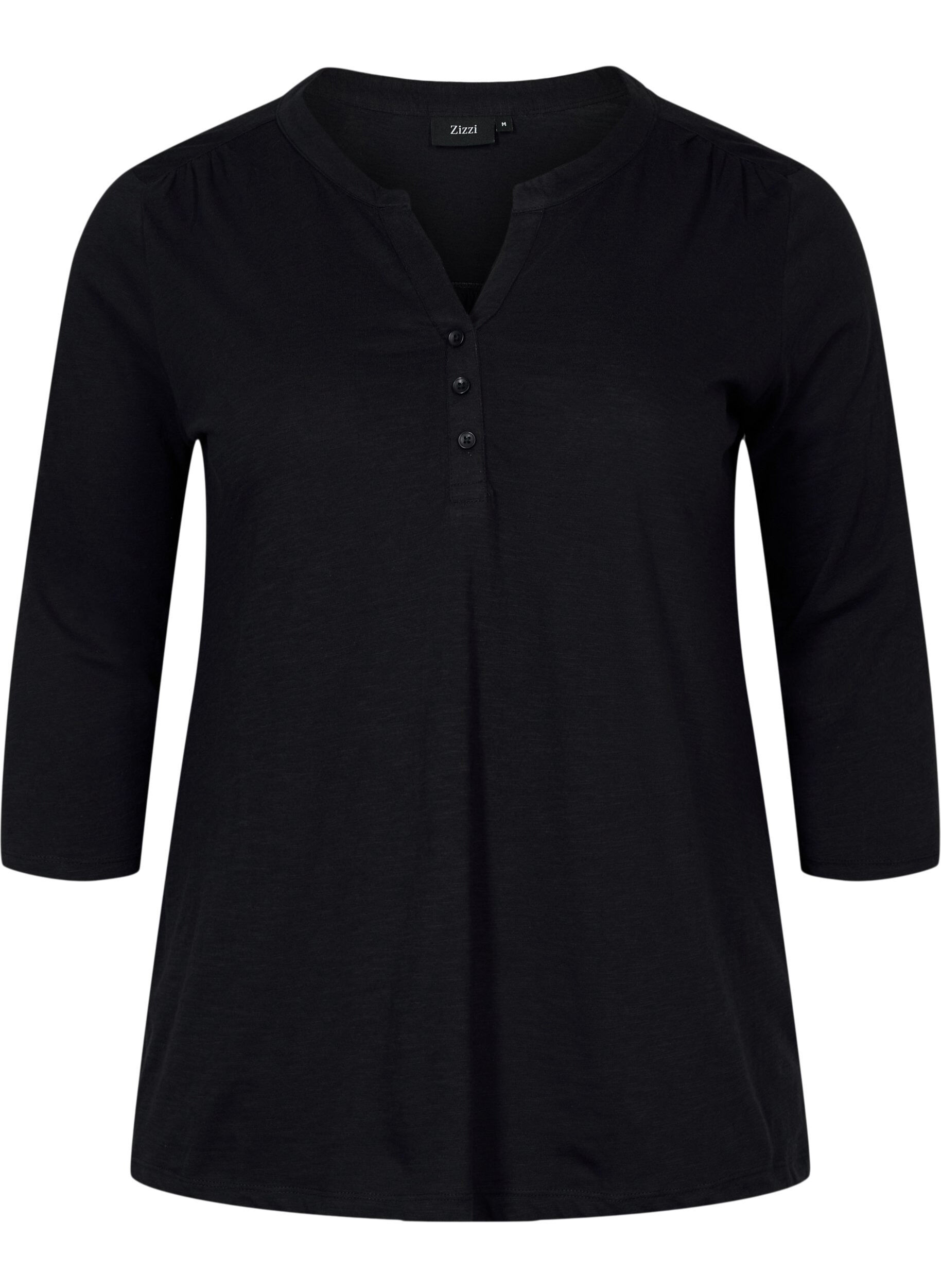 Zizzi Blouse en coton &agrave; manches 3/4, Black, Packshot image number 0
