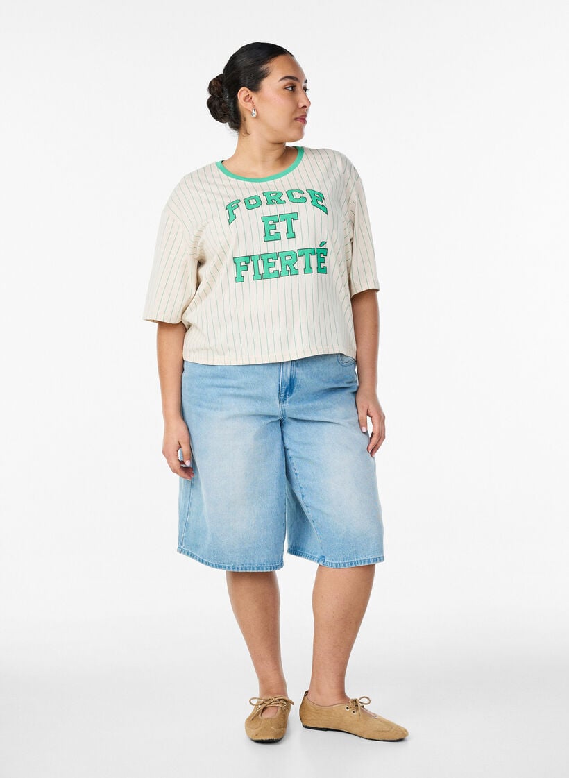Boxy T-shirt met strepen en statement print, Vanille, Model image number 1