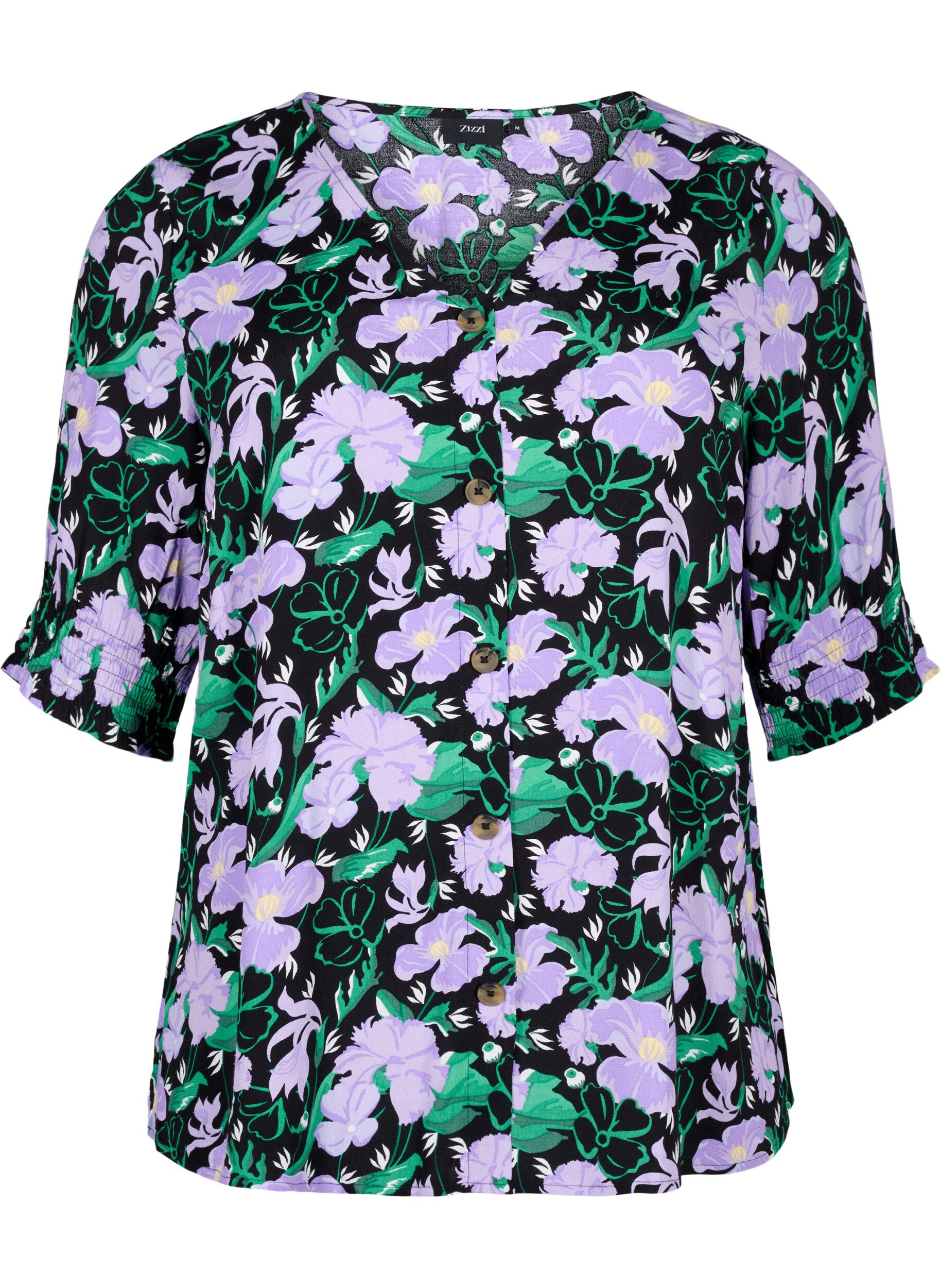 ZizziViscose blouse met knopen, Black Small Flower, Packshot image number 0