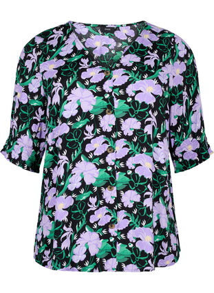 Viscose blouse met knopen, Black Small Flower, Packshot image number 0