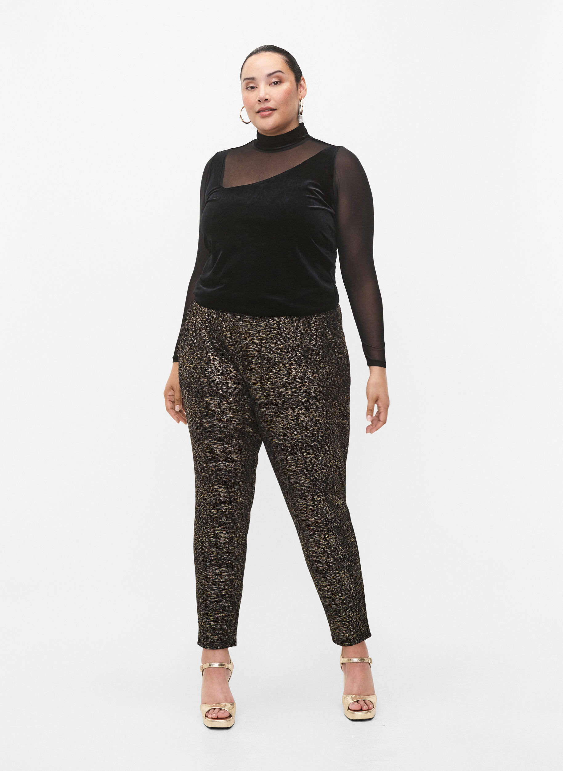 ZizziMaddison broek met goudkleur en zakken, Black w. Gold, Model image number 0