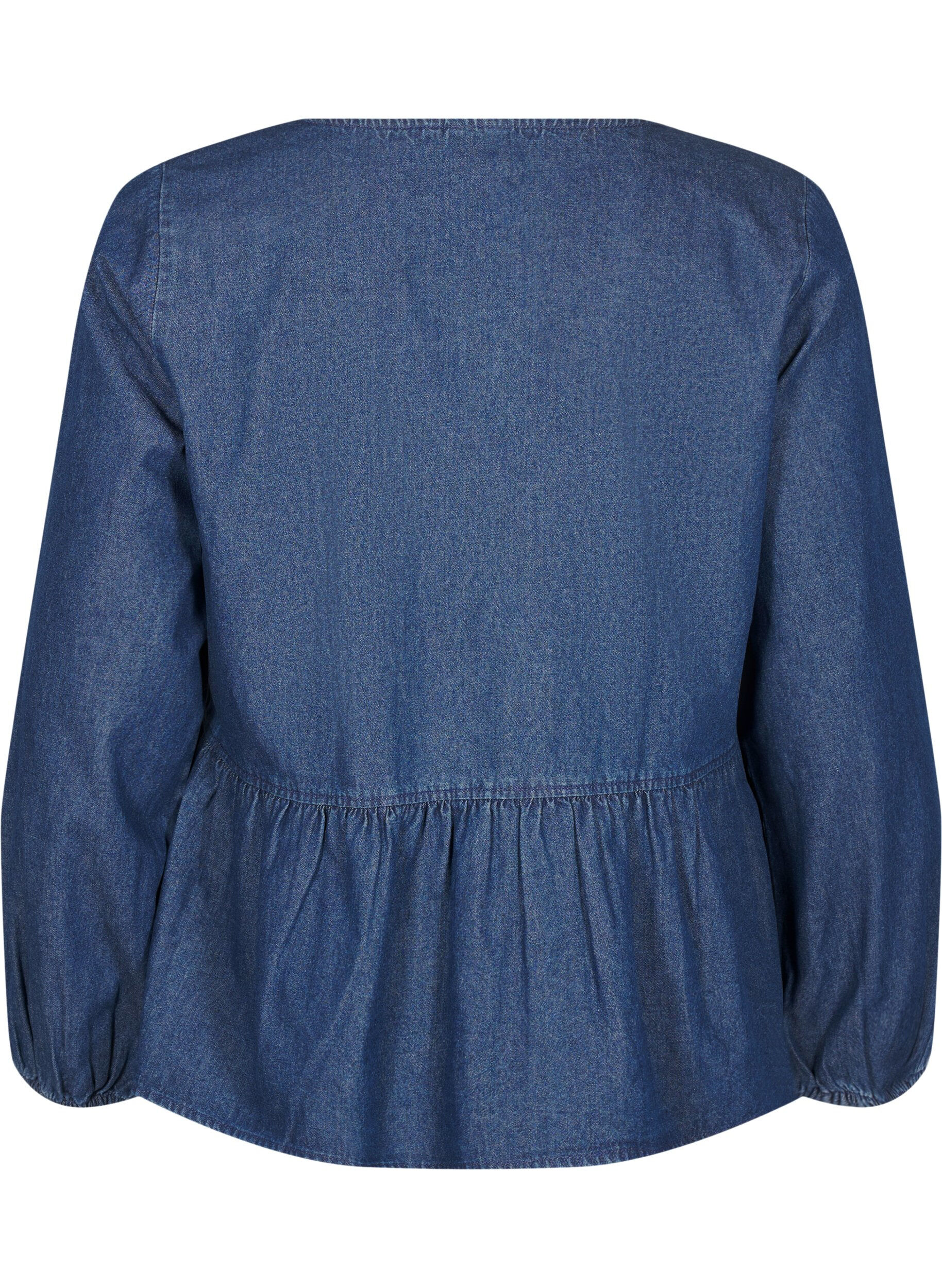 ZizziPeplum blouse van denim met striksluiting, Blauw, Packshot image number 1